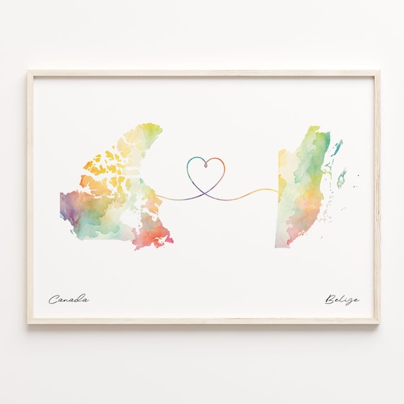 Canada To Belize Watercolor Map Heart Long Distance Gift Poster