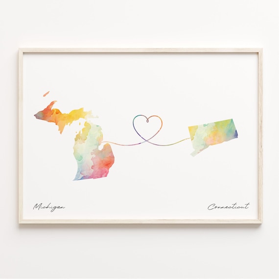Michigan to Connecticut Watercolor Heart Map Connection Poster