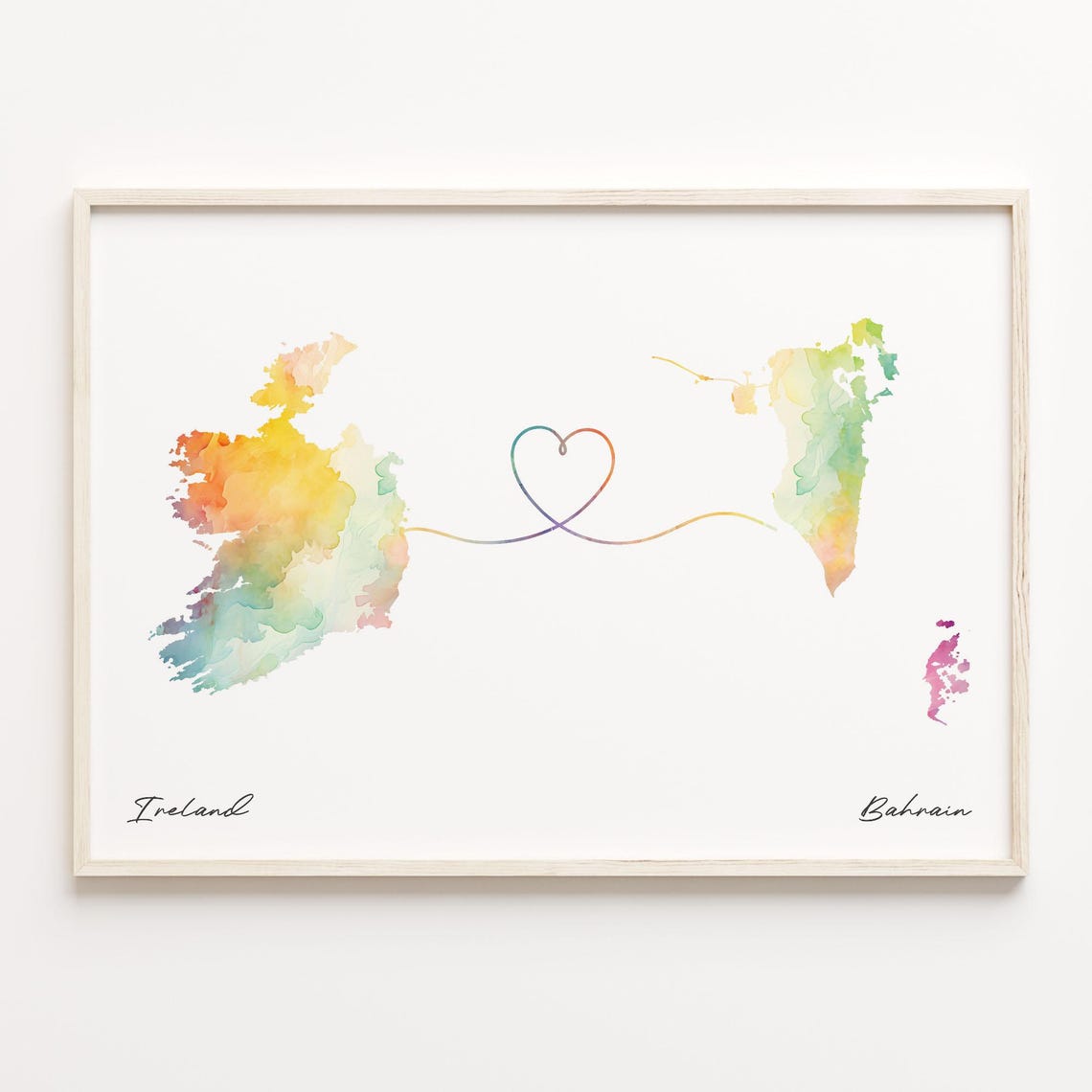 Ireland To Bahrain Watercolor Country Map Heart Connection Gift Poster