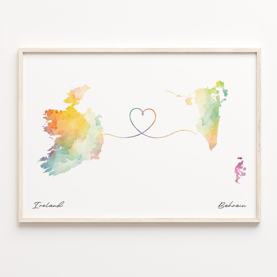 Ireland To Bahrain Watercolor Country Map Heart Connection Gift Poster