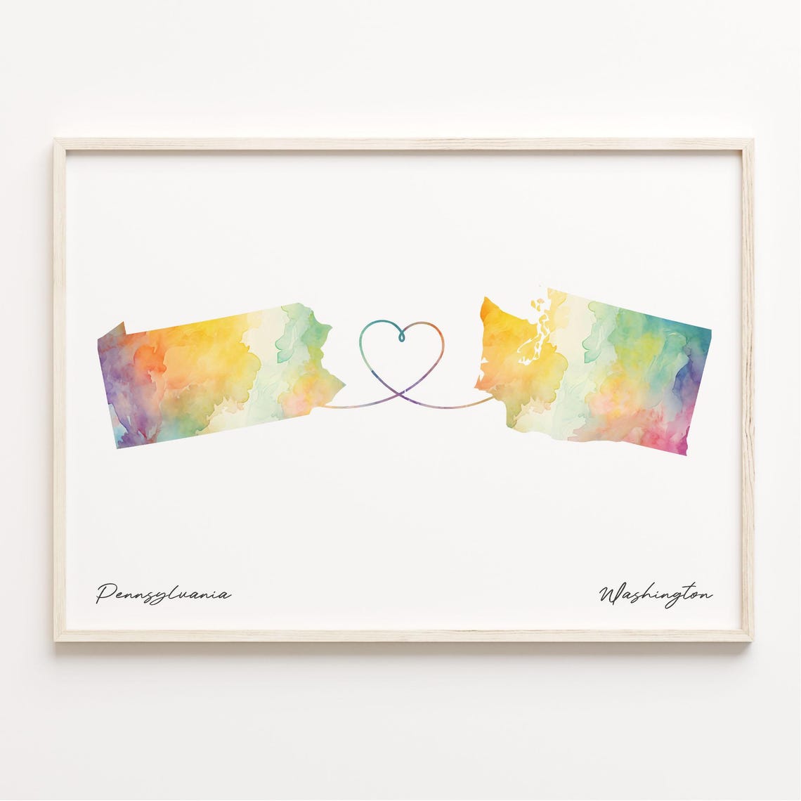 Pennsylvania To Washington Watercolor Map With Heart Line Poster