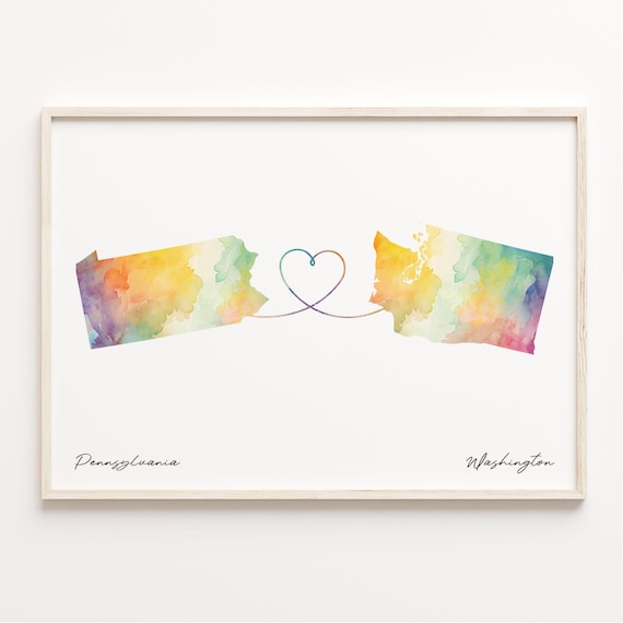Pennsylvania To Washington Watercolor Map With Heart Line Poster