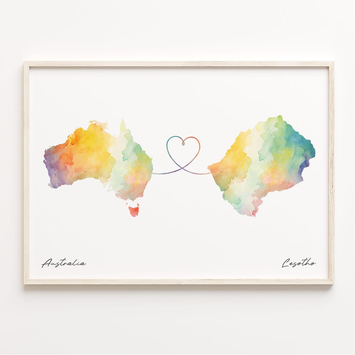 Australia to Lesotho Rainbow Watercolor Heart Map Connection Print