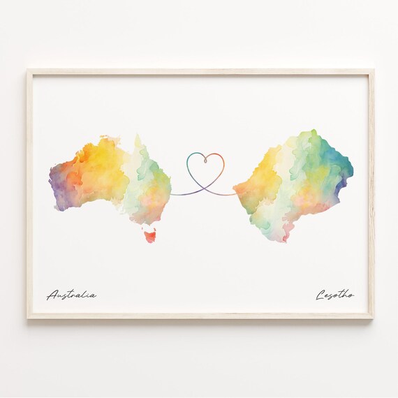 Australia to Lesotho Rainbow Watercolor Heart Map Connection Print