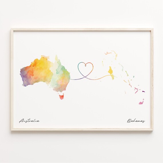 Australia to Bahamas Watercolor Map Heart Long Distance Love Poster