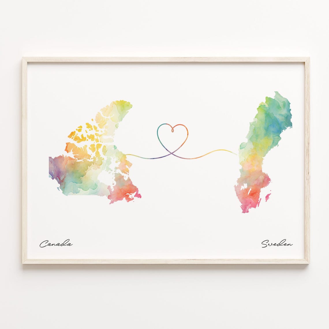 Canada To Sweden Watercolor Heart Map Long Distance Love Art Print