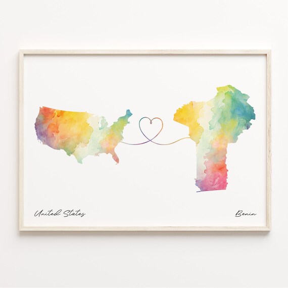 United States To Benin Watercolor Heart Map Long Distance Love Poster