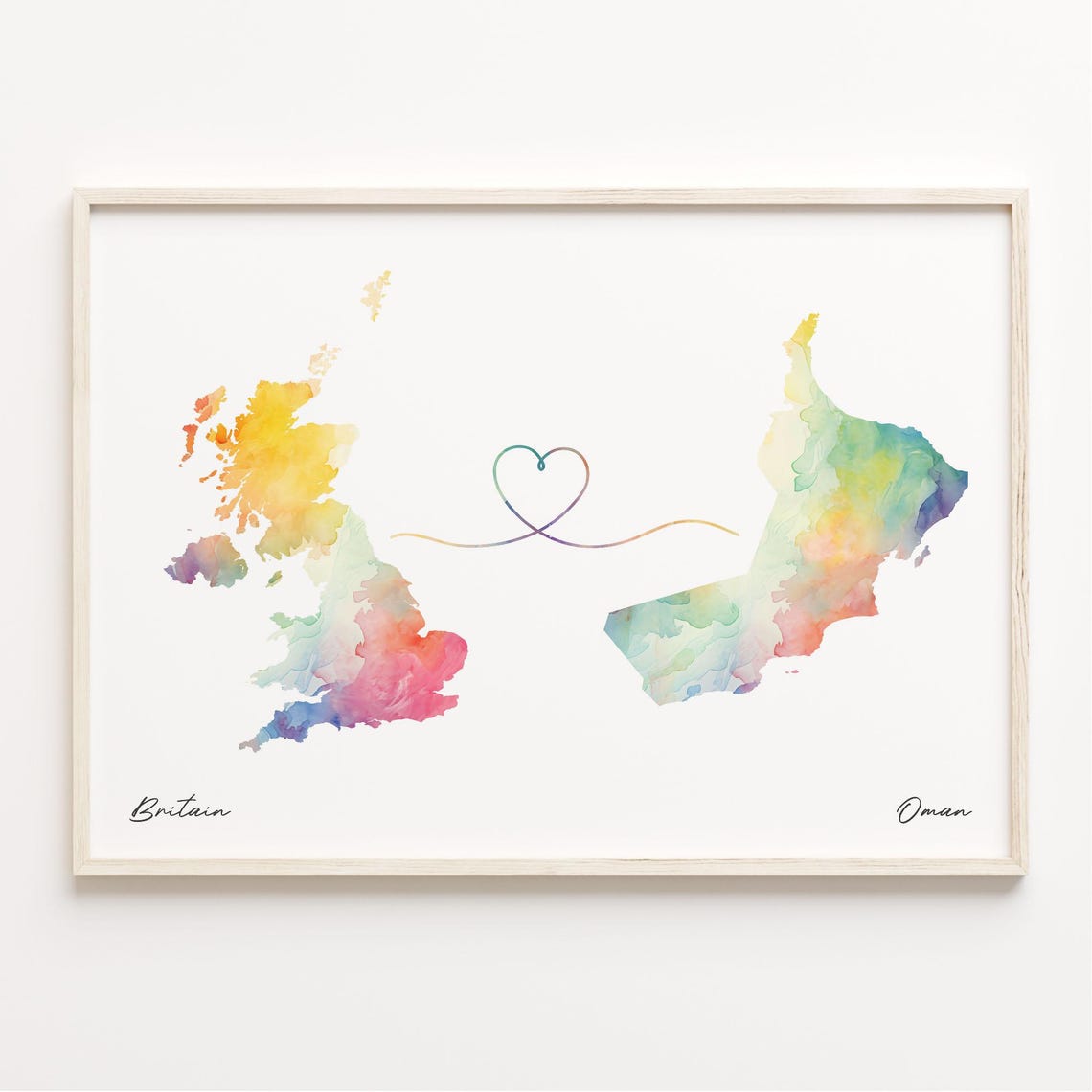 Britain to Oman Watercolor Heart Map Long Distance Connection Poster
