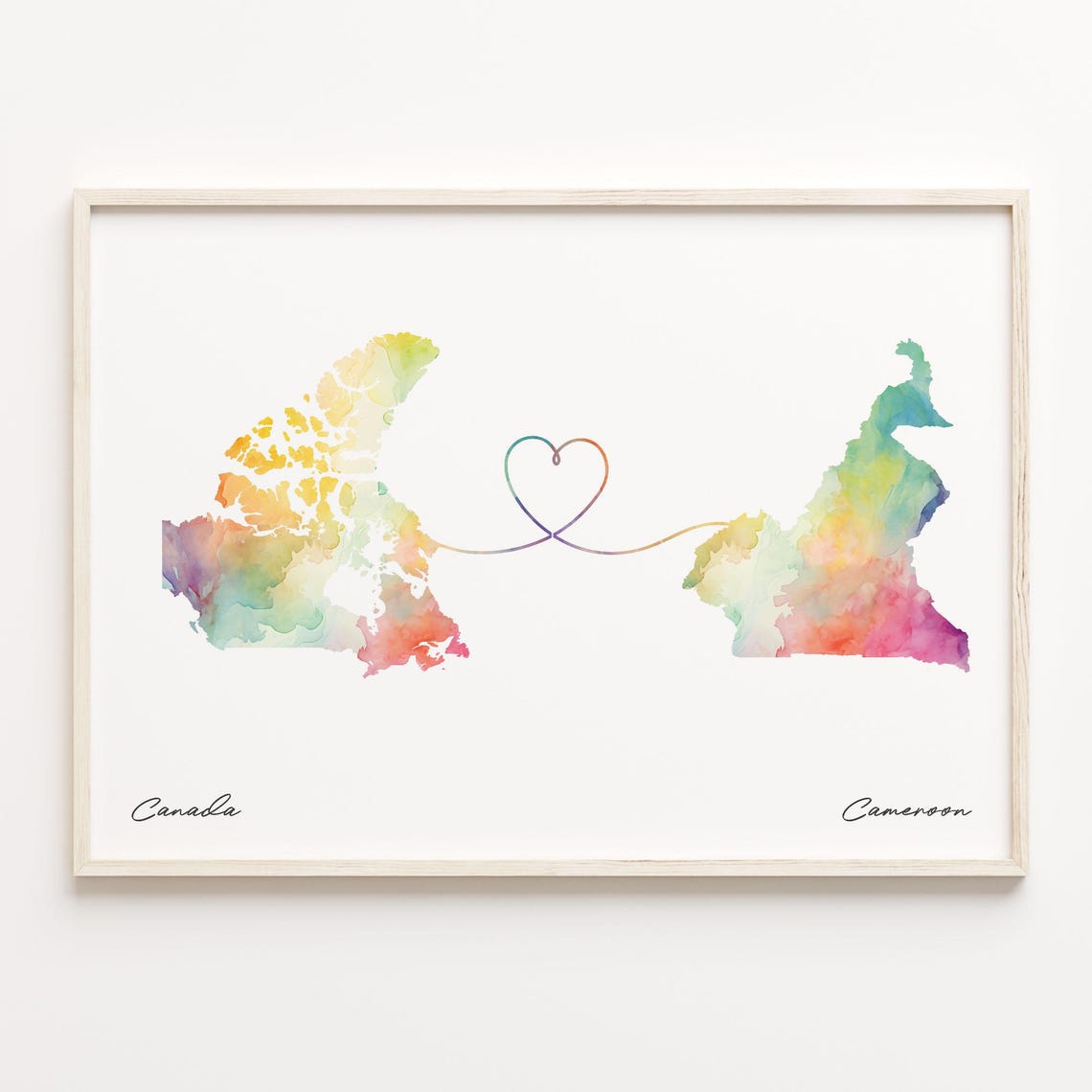 Canada To Cameroon Watercolor Map Heart Long Distance Love Poster