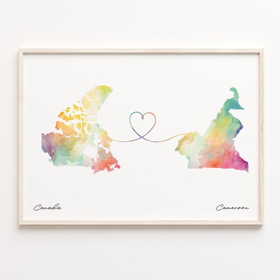 Canada To Cameroon Watercolor Map Heart Long Distance Love Poster