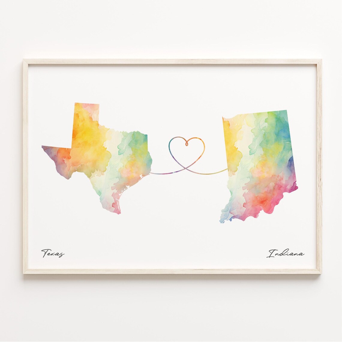 Texas To Indiana Watercolor Map Art Print