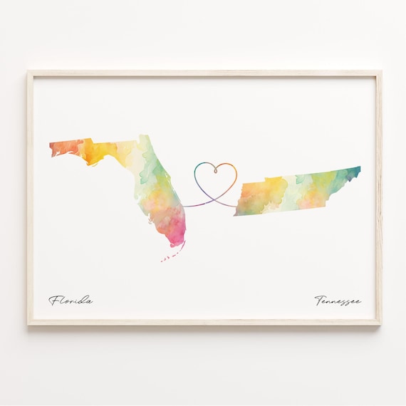 Florida to Tennessee Watercolor Map Long Distance Love Print