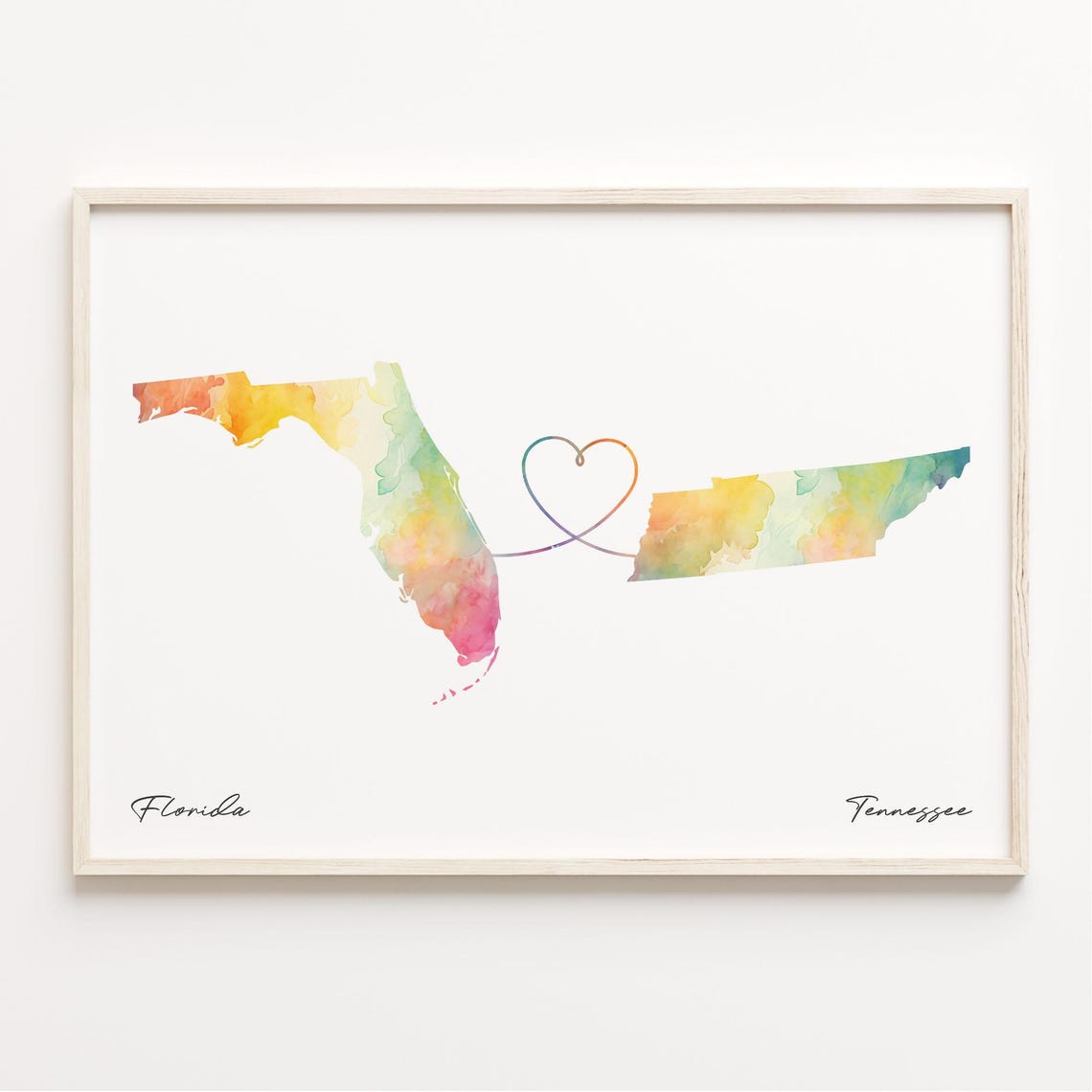 Florida to Tennessee Watercolor Map Long Distance Love Print