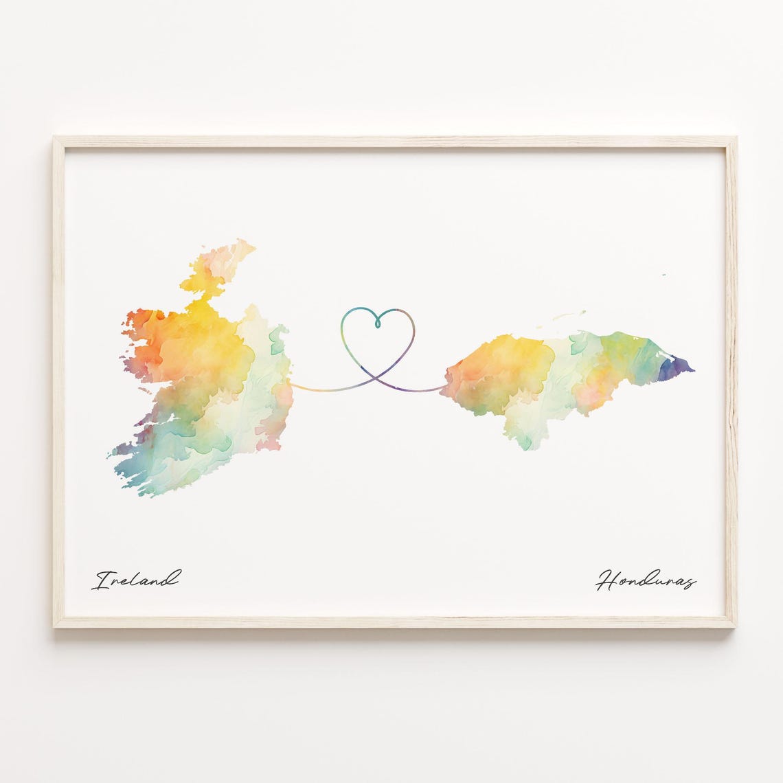 Ireland to Honduras Heart Map Long Distance Love Keepsake Art Print