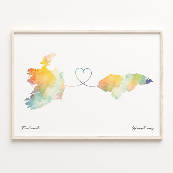 Ireland to Honduras Heart Map Long Distance Love Keepsake Art Print