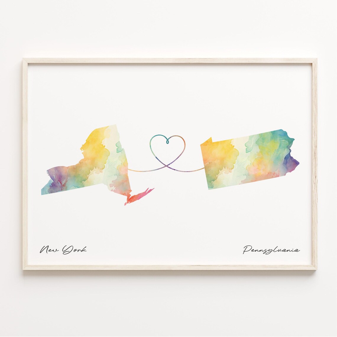New York Pennsylvania Watercolor Heart Map Long Distance Print