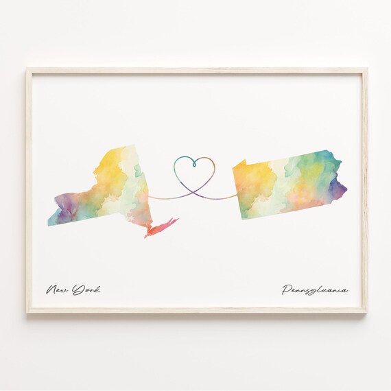 New York Pennsylvania Watercolor Heart Map Long Distance Print