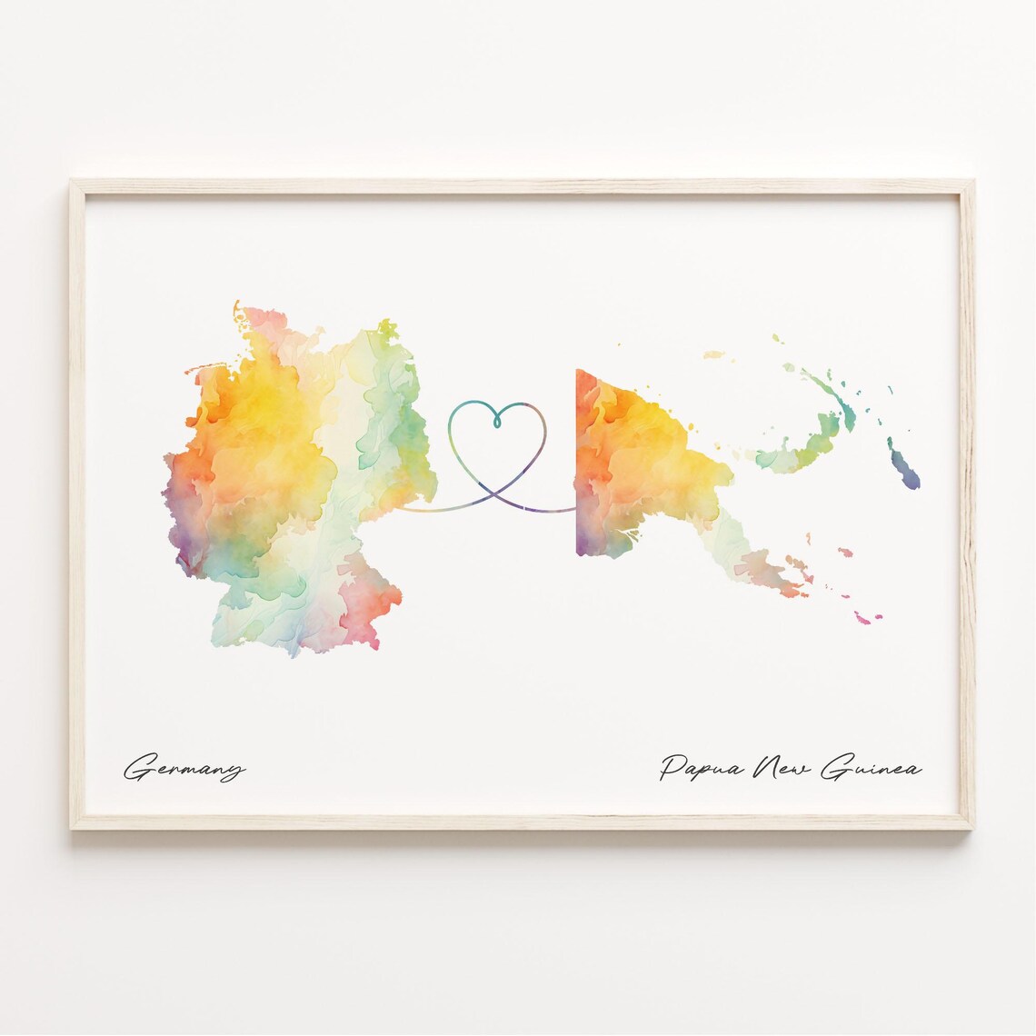Germany to Papua New Guinea Watercolor Heart Map Long Distance Connection Poster