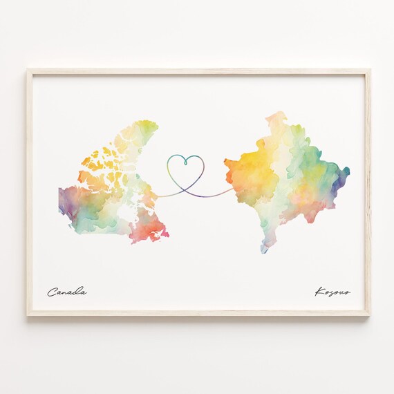 Canada To Kosovo Watercolor Heart Map Long Distance Love Wall Art