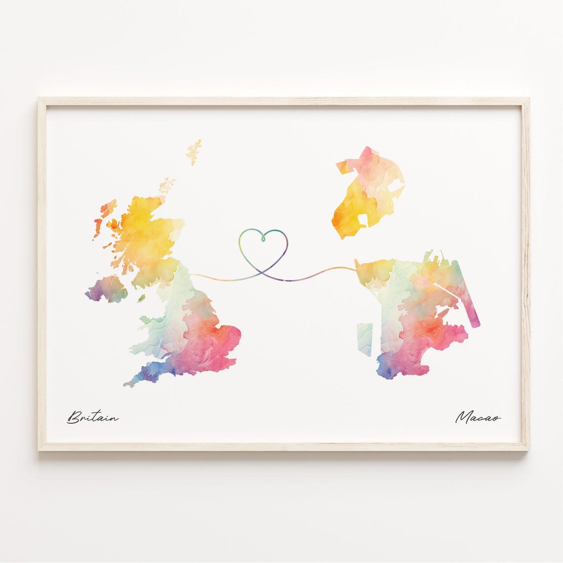Britain Macao Watercolor Heart Map Long Distance Love Poster