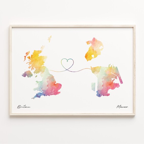 Britain Macao Watercolor Heart Map Long Distance Love Poster