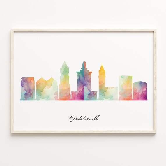 Oakland California Watercolor City Skyline Silhouette Poster