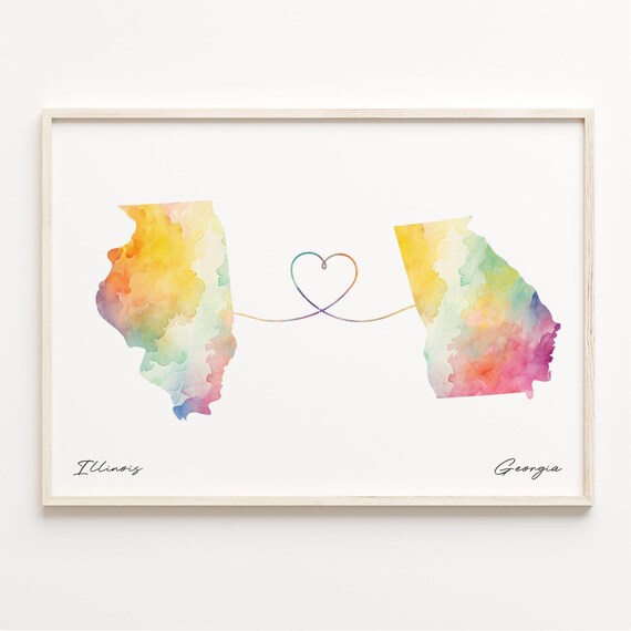 Illinois To Georgia Watercolor State Map Heart Connection Art Poster