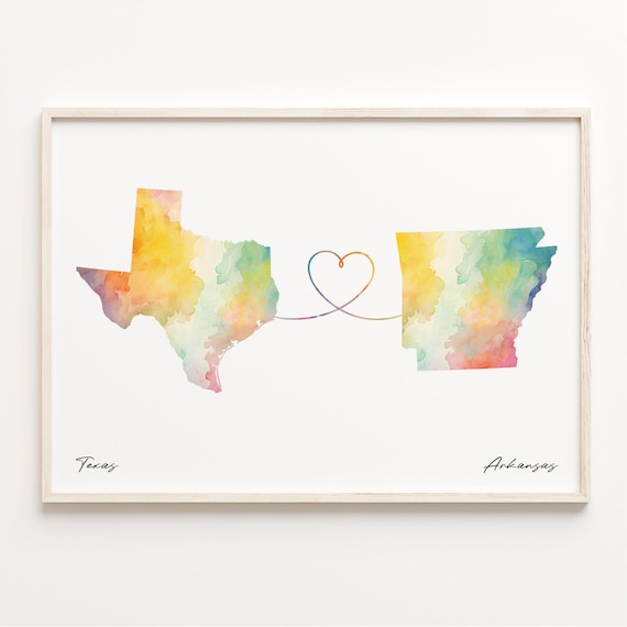 Texas to Arkansas Heart Watercolor Map Long Distance Gift Poster