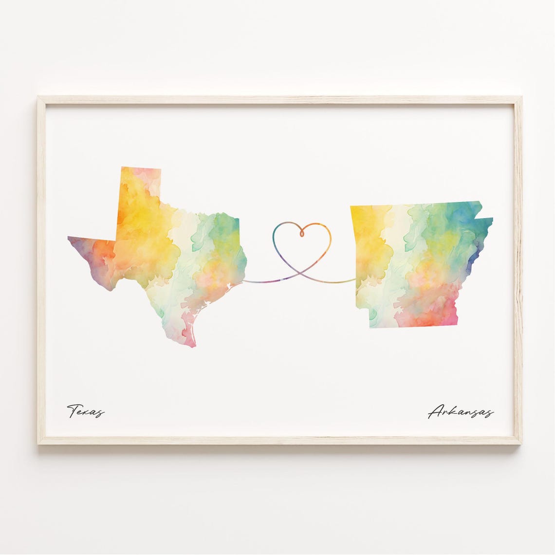 Texas to Arkansas Heart Watercolor Map Long Distance Gift Poster