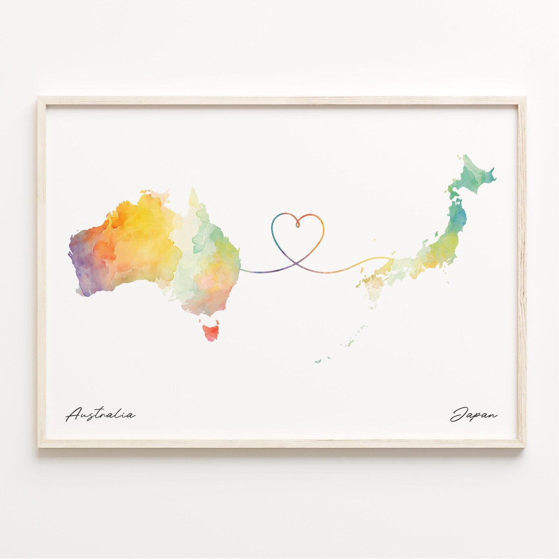 Australia to Japan Watercolor Map Long Distance Love Heart Print