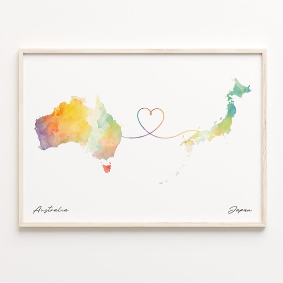 Australia to Japan Watercolor Map Long Distance Love Heart Print