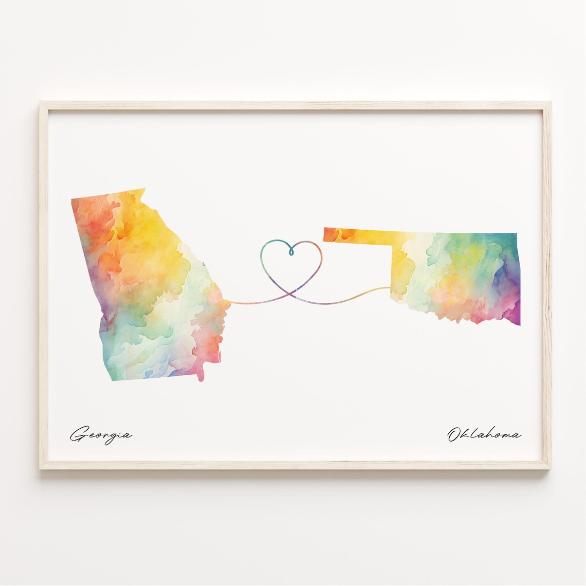 Georgia to Oklahoma Watercolor Map Heart Long Distance Gift Poster