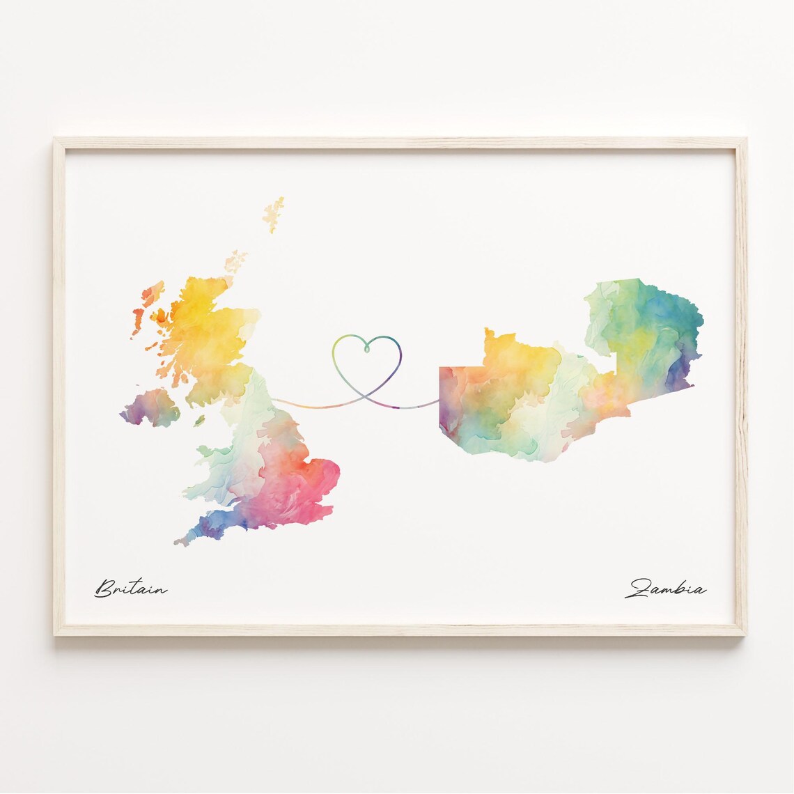 Uk To Zambia Print Watercolor Map Poster Zambian Gift United Kingdom Wall Art Travel Abroad C23397