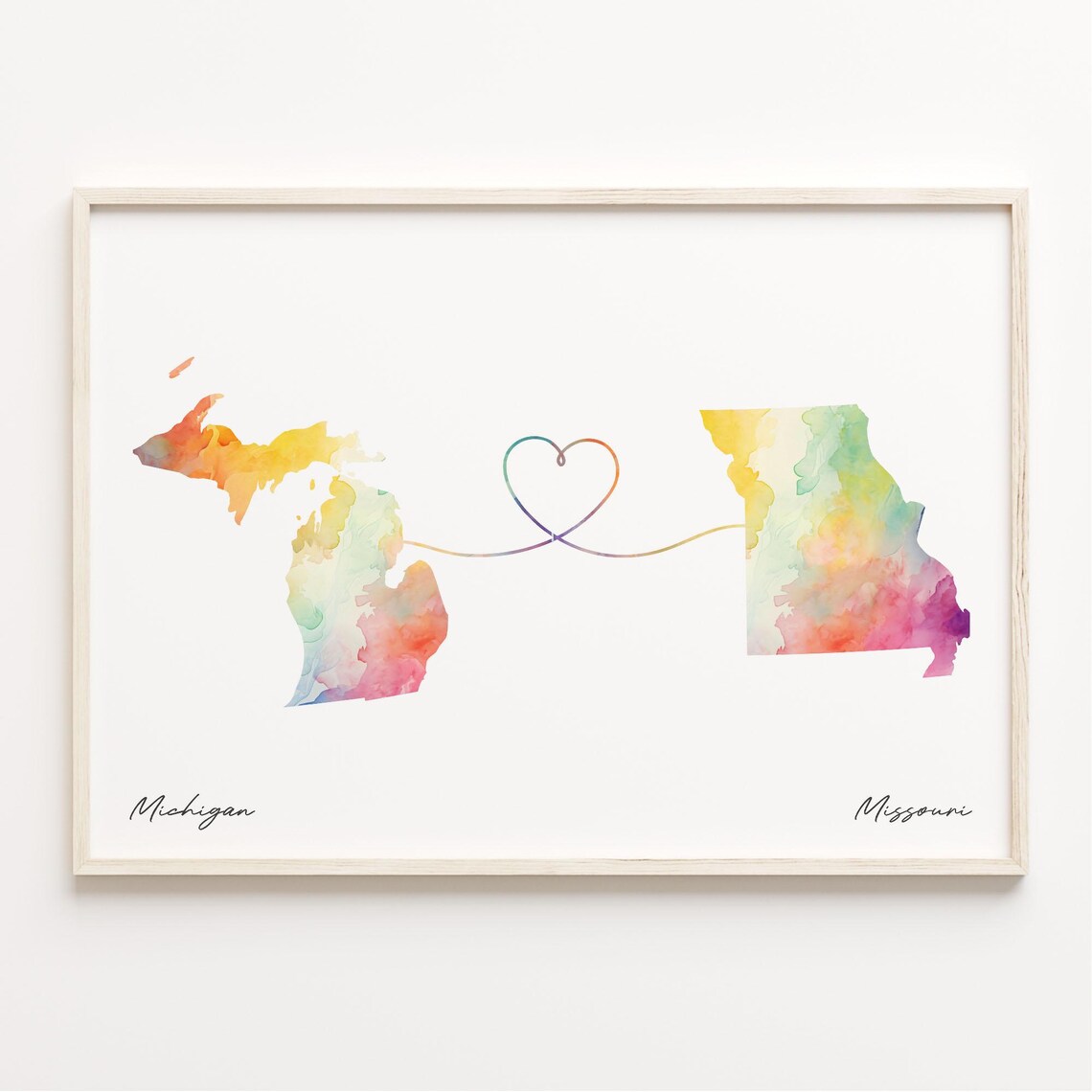 Michigan To Missouri Long Distance Watercolor Map Heart Art Print