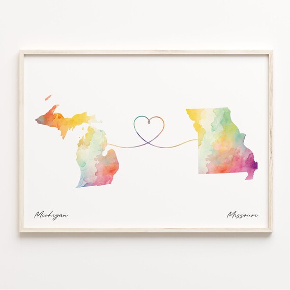 Michigan To Missouri Long Distance Watercolor Map Heart Art Print