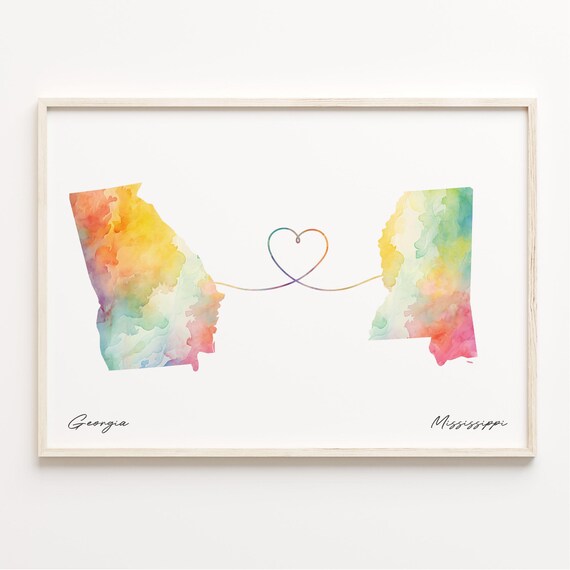Georgia to Mississippi Watercolor State Map Heart Connection Farewell Print