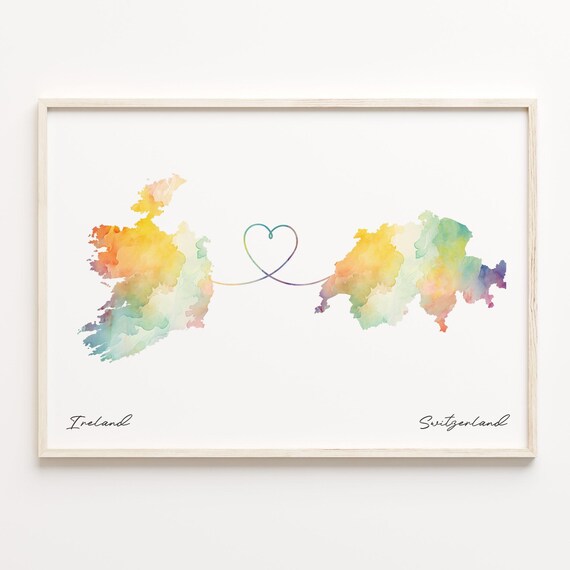Ireland to Switzerland Watercolor Map Heart Connection Print