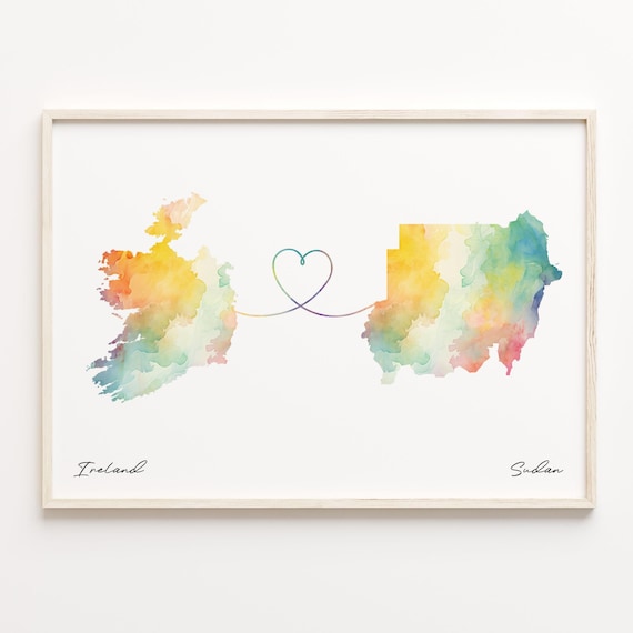 Ireland to Sudan Watercolor Map Heart Long Distance Love Poster