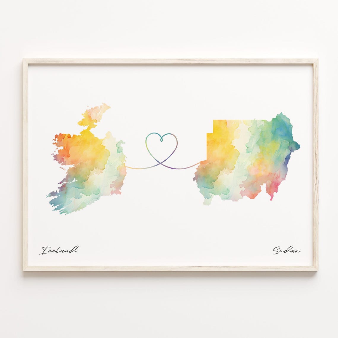 Ireland to Sudan Watercolor Map Heart Long Distance Love Poster