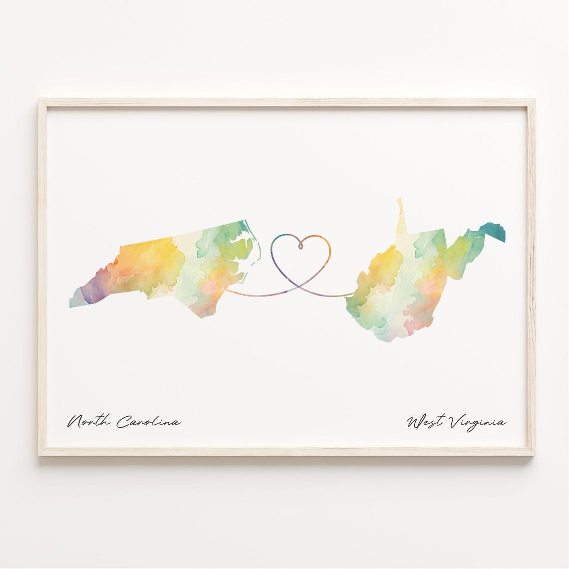 North Carolina to West Virginia Watercolor Map Heart Love Poster