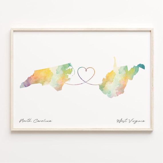 North Carolina to West Virginia Watercolor Map Heart Love Poster