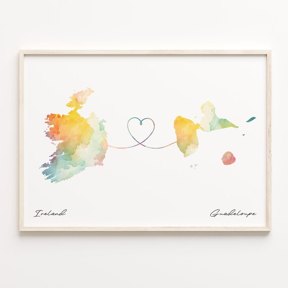 Ireland to Guadeloupe Watercolor Map Heart Connection Travel Poster
