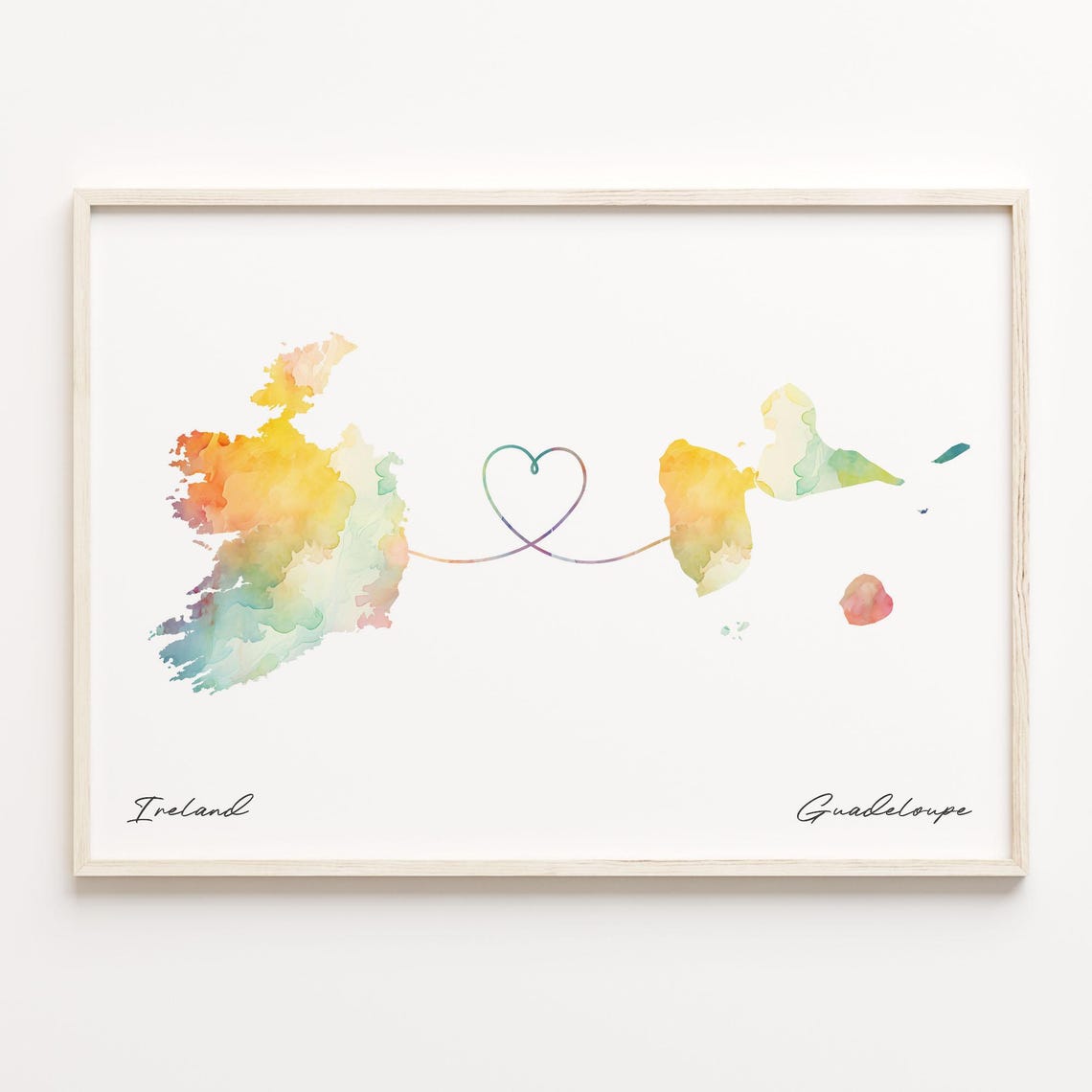 Ireland to Guadeloupe Watercolor Map Heart Connection Travel Poster