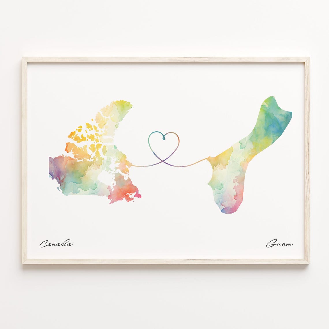 Canada To Guam Watercolor Map Heart Connection Couple Art Poster