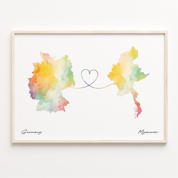 Germany To Myanmar Watercolor Heart Map Long Distance Love Poster