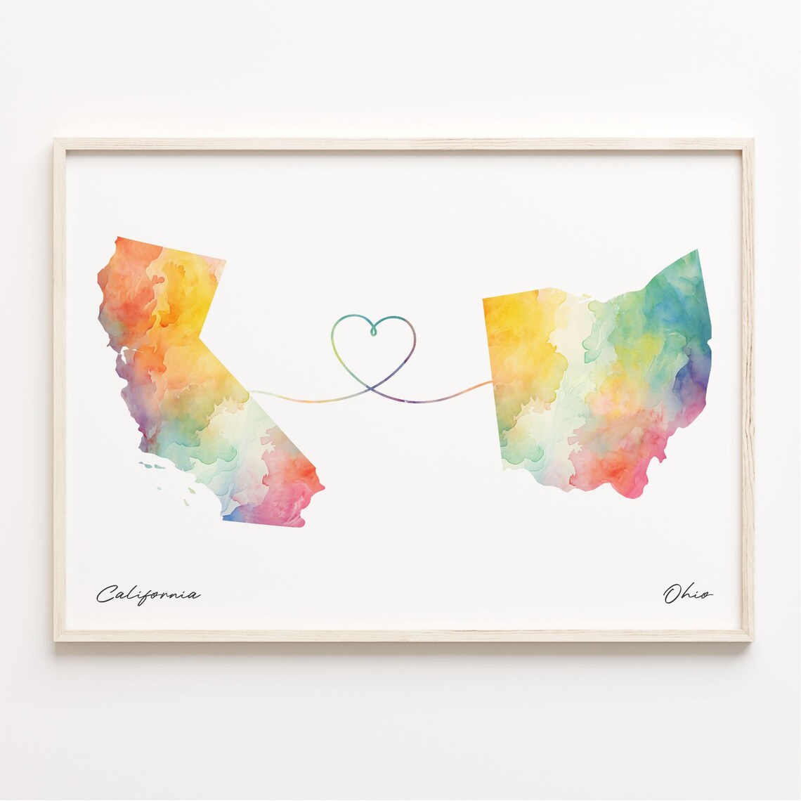 California to Ohio Watercolor Map Love Heart Connection Art Poster