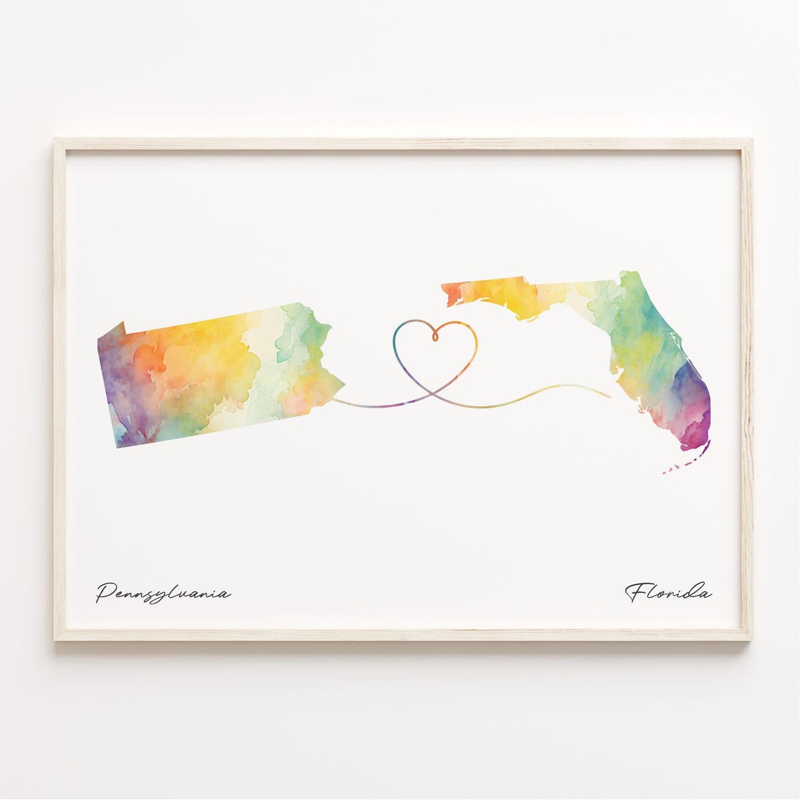 Pennsylvania to Florida Heart Watercolor Map Long Distance Poster