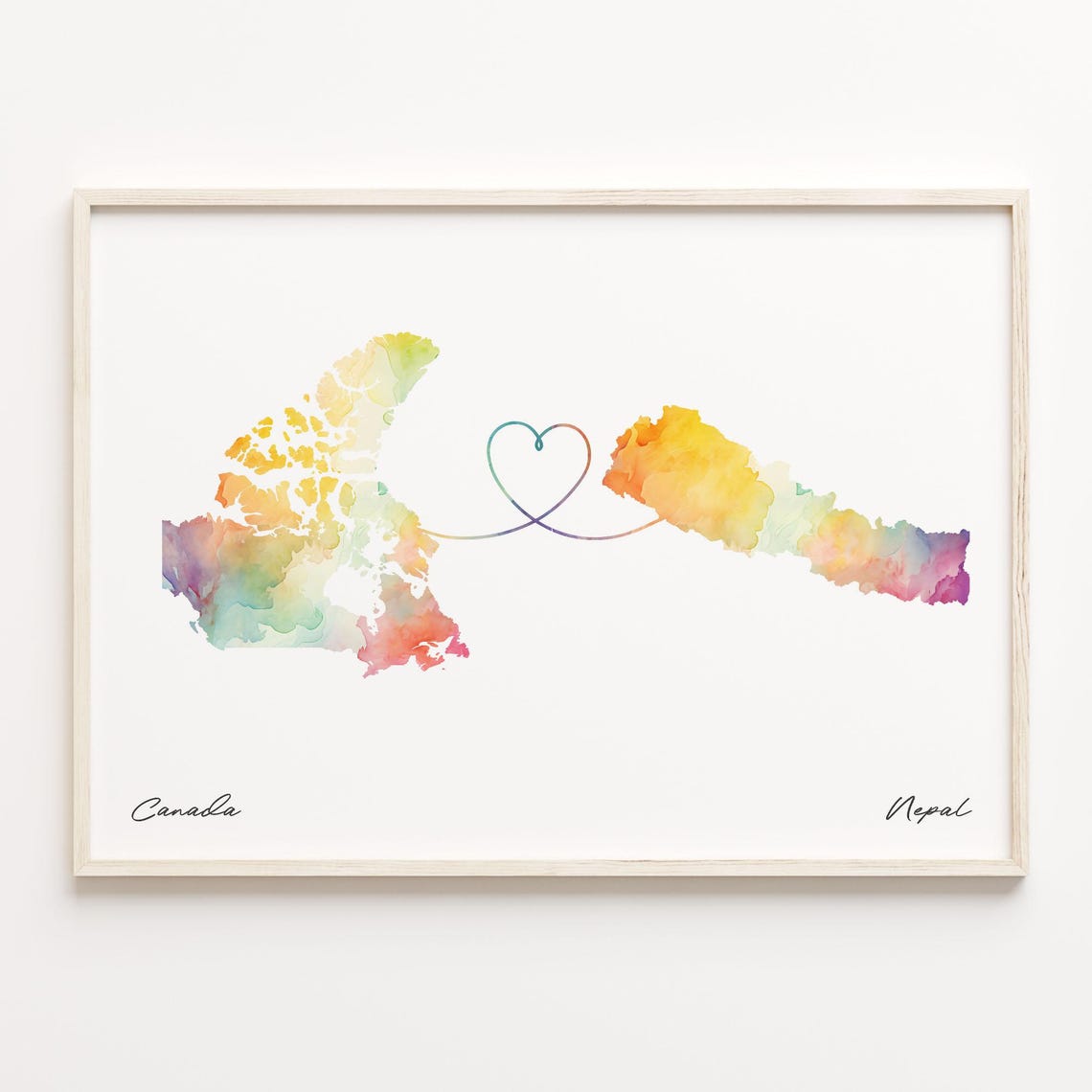 Canada To Nepal Watercolor Map Heart Connection Travel Gift Poster