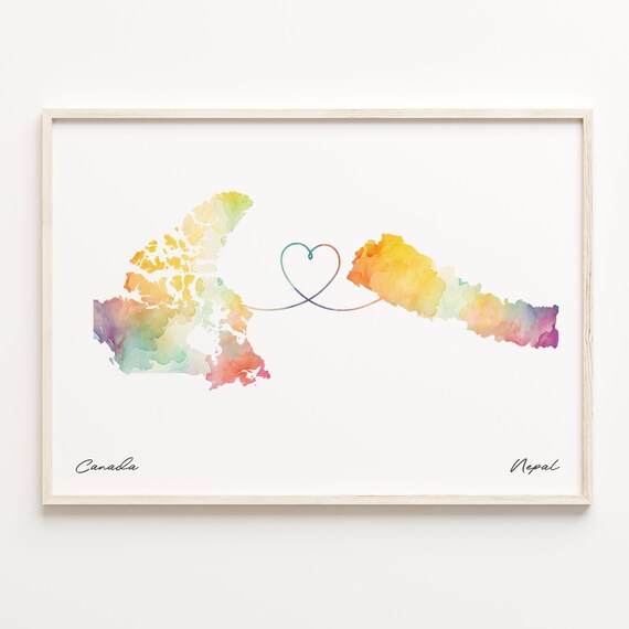 Canada To Nepal Watercolor Map Heart Connection Travel Gift Poster