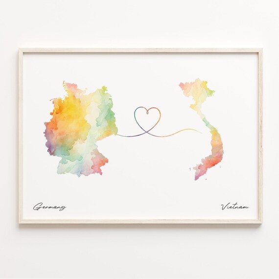 Germany To Vietnam Watercolor Heart Connection Map Gift Print